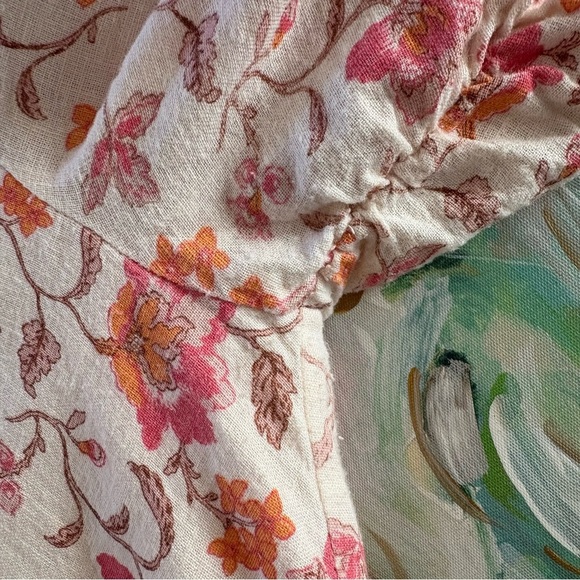 Tintoretto Linen Floral Dress White Pink Orange Short Sleeve V-Neck Size M - Picture 6 of 16